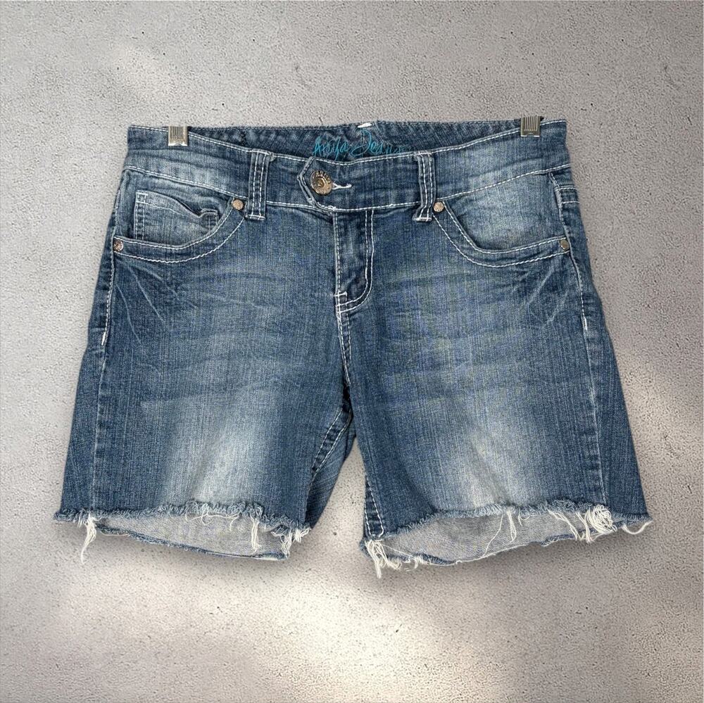 Ariya Cut-Off Shorts Juniors 9/10 Blue Dark Frayed Hem Embroidered Pockets Y2K